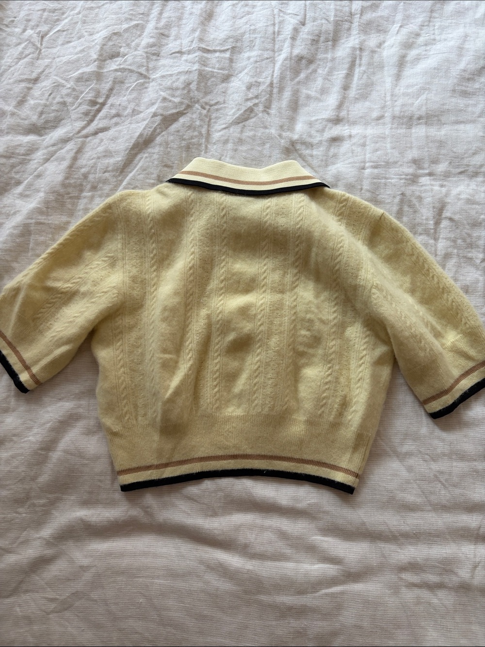 Sandro Pale Yellow Polo Knit with Navy & Tan Trim - Picture 7 of 7